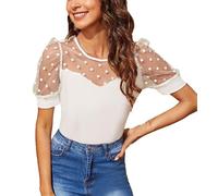 Transparente Mesh-Oberteile mit Punkten für Damen, kurzärmelige Bluse mit Mesh-Punkten, transparentes Tunika-Shirt mit Patchwork-Punkten