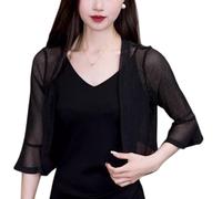 Transparenter Bolero für Damen Kurz Geschnitten Sommerjacke mit Rüschen Kurzarm Leichtes Oberteil für Abendkleider Schal Überwurf Schwarz Größe M