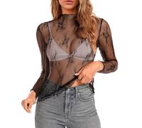 Transparentes Durchsichtige Tops Sheer Mesh Top Party Tüll Spitzen Netzoberteil Durchsichtige Bluse Sheer Langarm Mesh Bluse Netzoberteil Frauen Netzshirt Damen Top für Karneval, (Black, One Size)