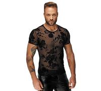 Transparentes geblümtes Flock Herren T-Shirt in schwarz mit V-Ausschnitt Männer Shirt Flower elastisch M