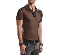 Transparentes Herren T-Shirt schwarz aus Mesh Material mit Wetlook Stehkragen Männer Poloshirt Kurzarm Slim-Fit Form S