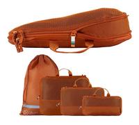 TRAVEL DUDE Packwürfel Set mit Kompression aus recycelten Plastikflaschen | Leichte Packing Cubes | Packtaschen Set für Rucksack & Koffer (Burnt Orange, 4-teiliges Set)