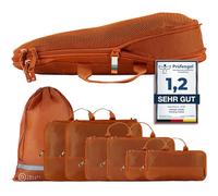 TRAVEL DUDE Packwürfel Set mit Kompression aus recycelten Plastikflaschen | Leichte Packing Cubes | Packtaschen Set für Rucksack & Koffer (Burnt Orange, 7-teiliges Set)