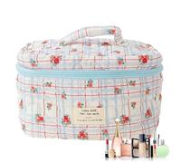 Travel Makeup Bag - 25 cm gesteppter Blumenetui, tragbarer Kosmetik-Organizer, Soft Storage Pouch, Durable Container | für Home Hotel Camping Toiletry Accessories, Blue Check Red Flower,