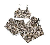 Travel Must Have Schlafanzug Damen Lang Kuschelig Kurz Karierte Schlafhose Leopardenmuster 3-Teilig Pyjama Set Frauen Cami Pyjamahose Nachtwäsche Lounge Set Outfit Pyjama Couple