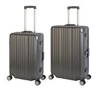 Travelhouse London Reisegepäck · 2 teiliges Set · Aluminium Rahmen · Polykarbonat Hartschale · Mittlerer Koffer 65cm & großer Koffer 75cm mit 4X 360° Doppelrollen · Vol. M-67L · L-108L · Grau