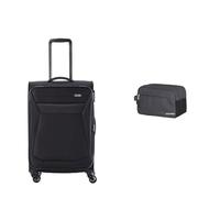 Travelite 4-Rad Koffer Größe M Weichschale & Handgepäck Kosmetiktasche, Gepäck Serie Kick OFF: Praktische Kulturtasche für Urlaub und Sport, 26 cm, 5 Liter, D'anthrazit