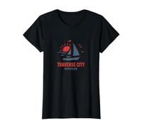 Traverse City Michigan Segelboot Sonnenuntergang Design Preisgünstiges Grafik-T-Shirt, Damen, Schwarz, S