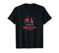 Traverse City Michigan Segelboot Sonnenuntergang Design Preisgünstiges Grafik-T-Shirt, Herren, Schwarz, L