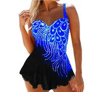 Treer Badeanzug Damen Bikini, 2 Stück Tankini Shorts High Waist Bademode Strap Reizvolles Swimsuit Set Push Up Schlankheits Bandeau Rüschen Retro Stil Sexy Strand (7XL,Blauer See)
