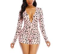 Treer Langarm Bodysuit Damen Rosa Jumpsuit für Frauen Sexy Tiefer V-Ausschnitt Sommer Stretch Eng Pyjama Shorts Kurz Bodycon Body Romper Overall (Leopard Muster,M)