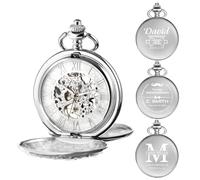 TREEWETO Herren Taschenuhr Personalisiert Gravur Taschenuhr mit Kette Klassische Jahrgang Mechanische Geschenke Geschenk zum Geburtstag Vatertag Vater Vatertagsgeschenk, Silber