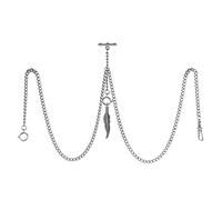 TREEWETO Taschenuhrkette mit T Bar Endstück Gesamtlänge 72cm Doppel Albert T-Bar Taschenuhr Kette mit Antiker Blatt Anhänger und 3 Haken für Weste Knopfloch Silber
