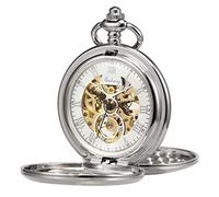 TREEWETO Unisex Taschenuhr mit Kette Analog Handaufzug Doppelscharnier Adler Skelett Römische Ziffern Silber
