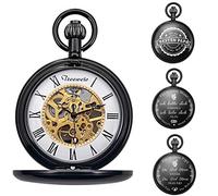 TREEWETO Unisex Taschenuhr Personalisiert Gravur mit Kette Analog Handaufzug Skelett Hochglanz Poliert Schwarz