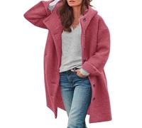Trenchcoat für Damen, lang, Fleece-Jacke mit Kapuze, einfarbig, grobe Strickjacken mit Knöpfen, weicher flauschiger Fleece-Mantel mit Taschen, Winter, warm, lange Ärmel, 2024, hot pink, M