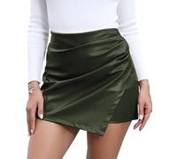 trendfoll Damen-Skorts, hohe Taille, Kunstleder, elastische Taille, gerüscht, Wickel-Skorts, Röcke, Grün , Klein