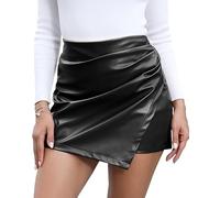 trendfoll Damen-Skorts, hohe Taille, Kunstleder, elastische Taille, gerüscht, Wickel-Skorts, Röcke, Schwarz, Groß