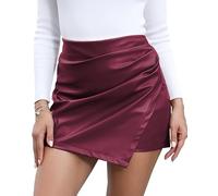 trendfoll Damen-Skorts, hohe Taille, Kunstleder, elastische Taille, gerüscht, Wickel-Skorts, Röcke, Weinrot, Klein