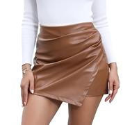 trendfoll Kunstleder-Skorts für Damen, hohe Taille, PU-Leder-Shorts, elastische Taille, gerüscht, Wickel-Skorts, Röcke, Braun, Klein