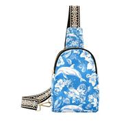 Trendige blaue und weiße Cartoon-Delfin-Blumentasche für Damen, modische Schultertasche für Herren für Reisen, Blau-weiße Cartoon-Delfin-Blume, 1 size