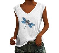 Trendige Damen Tank Tops Sommer Oberteile Elegante Libelle Druck Tshirt Ärmellos Sommershirt mit V-ausschnitt All-Match Bluse Shirt Lose Hemdbluse Tägliches Hemd T-Shirts für Leggings Streetwear