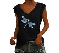 Trendige Damen Tank Tops Sommer Oberteile Elegante Libelle Druck Tshirt Ärmellos Sommershirt mit V-ausschnitt All-Match Bluse Shirt Lose Hemdbluse Tägliches Hemd T-Shirts für Leggings Streetwear