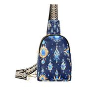 Trendige Gürteltasche aus Leder mit glitzernden Schmucksteinen, zum Wandern, Blau und Gold, Blaue und goldfarbene funkelnde Juwelen, 1 size