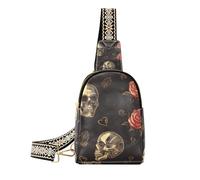 Trendige Gürteltasche mit Totenkopf-Motiv, Rose, Rot, Schwarz, Valentinstag, Gothic, Umhängetasche, Leder, Gürteltasche für Damen zum Wandern, Totenkopf Rose Rot Schwarz Valentinstag Gothic, 1 size