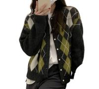 Trendige Herbststrickjacke für Damen, 2026, Grunge-Stil, Argyle- Karomuster, Preppy-Y2K-Style, grobe Strickjacke im Vintage-Grandpa-Stil