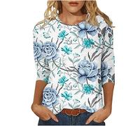 Trendige Oberteile Damen 3/4 Ärmel Bluse Mode Blumendruck Tshirt Tunika 2023 Shirt Sommer O-Ausschnitt Pullover Tee Tops Longbluse Teenager Mädchen T-Shirt Locker Blusentops Longtops für Geschenk