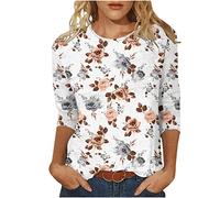 Trendige Oberteile Damen 3/4 Ärmel Bluse Mode Blumendruck Tshirt Tunika 2023 Shirt Sommer O-Ausschnitt Pullover Tee Tops Longbluse Teenager Mädchen T-Shirt Locker Blusentops Longtops für Geschenk