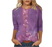Trendige Oberteile Damen 3/4 Ärmel Bluse Retro Blumendruck Tshirt Tunika 2023 Shirt Sommer Pullover mit Rundhalsausschnitthals Tops Longbluse Festliche T-Shirt Locker Blusentops Hemden für Frauen
