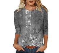 Trendige Oberteile Damen 3/4 Ärmel Bluse Retro Blumendruck Tshirt Tunika 2023 Shirt Sommer Pullover mit Rundhalsausschnitthals Tops Longbluse Festliche T-Shirt Locker Blusentops Hemden für Frauen