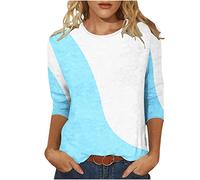 Trendige Oberteile Damen Farbblock Patchwork Tshirt 3/4 Ärmel Bluse 2023 Tunika Shirt Sommer Pullover mit Rundhalsausschnitthals Tops Longbluse All Match T-Shirt Locker Blusentops Hemden für Geschenk