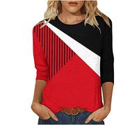 Trendige Oberteile Damen Farbblock Patchwork Tunika 3/4 Ärmel Tshirt Rundhals Bluse Sommer Tops Shirt Pullover Party Longbluse T-Shirt Teenager Mädchen Longtops Slim Fit Blusentops Hemden für Frauen