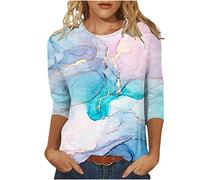 Trendige Oberteile Damen Marmordruck Tunika 3/4 Ärmel Tshirt Rundhals Bluse Shirt Sommer Tops Dünne Pullover Bequeme Teenager Mädchen T-Shirt T-Shirts Boho Blusentops Streetwear für Frauen