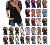 Trendige Oberteile Damen Reißverschluss V-Ausschnitt Bluse Heißbohren aushöhlen T-Shirt Schulterfreie Kurzarm Sommer Tops Spitzenärmeln Shirt Kalte Schulter Tshirt Fließende Hemdbluse S-5XL