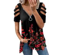 Trendige Oberteile Damen Reißverschluss V-Ausschnitt Bluse Heißbohren aushöhlen T-Shirt Schulterfreie Kurzarm Sommer Tops Spitzenärmeln Shirt Kalte Schulter Tshirt Fließende Hemdbluse S-5XL