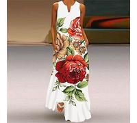 Trendiges Weißes Langes Damenkleid - Sexy V-Ausschnitt, Ärmelloses Sommerkleid, Vintage-Wunderschöner Pfingstrosen-Druck, Strand-Party-Maxikleid, Lässiges Sommer-Reise-Urlaubs-Swing-Kleid, Pullo