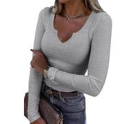 TrendiMax Damen Langarmshirt Gerippt Stretch Pullover Elegant Langarm Oberteile Hemd Tshirts V Ausschnitt Casual Bluse Basic Tops (S, Grau)