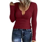 TrendiMax Damen Langarmshirt Gerippt Stretch Pullover Elegant Langarm Oberteile Hemd Tshirts V Ausschnitt Casual Basic Tops (L, Weinrot)