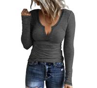 TrendiMax Damen Langarmshirt Gerippt Stretch Pullover Elegant Langarm Oberteile Hemd Tshirts V Ausschnitt Casual Basic Tops (S, Dunkelgrau)