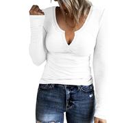 TrendiMax Damen Langarmshirt Gerippt Stretch Pullover Elegant Langarm Oberteile Hemd Tshirts V Ausschnitt Casual Basic Tops (L, Weiß)