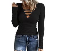 TrendiMax Damen Langarmshirt Gerippt Stretch Pullover Elegant Langarm Oberteile Tee Shirts V Ausschnitt Casual Bluse Basic Tops, Schwarz, M