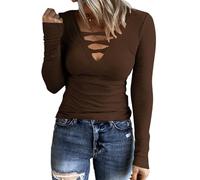 TrendiMax Damen Langarmshirt Gerippt Stretch Pullover Elegant Langarm Oberteile Tee Shirts V Ausschnitt Casual Bluse Basic Tops, Dunkelkaffee, L