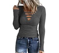 TrendiMax Damen Langarmshirt Gerippt Stretch Pullover Elegant Langarm Oberteile Tee Shirts V Ausschnitt Casual Bluse Basic Tops, Dunkelgrau, M