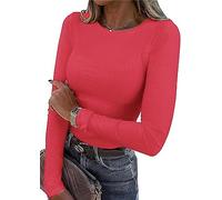 TrendiMax Damen Langarmshirt Rundhals Stretch Pullover Elegant Langarm Oberteile Hemd Tshirts Basic Tops, Rot, XL