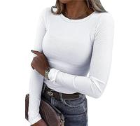 TrendiMax Damen Langarmshirt Rundhals Stretch Pullover Elegant Langarm Oberteile Hemd Tshirts Basic Tops, Weiß, L