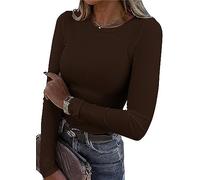TrendiMax Damen Langarmshirt Rundhals Stretch Pullover Elegant Langarm Oberteile Hemd Tshirts Basic Tops, Dunkelkaffee, S